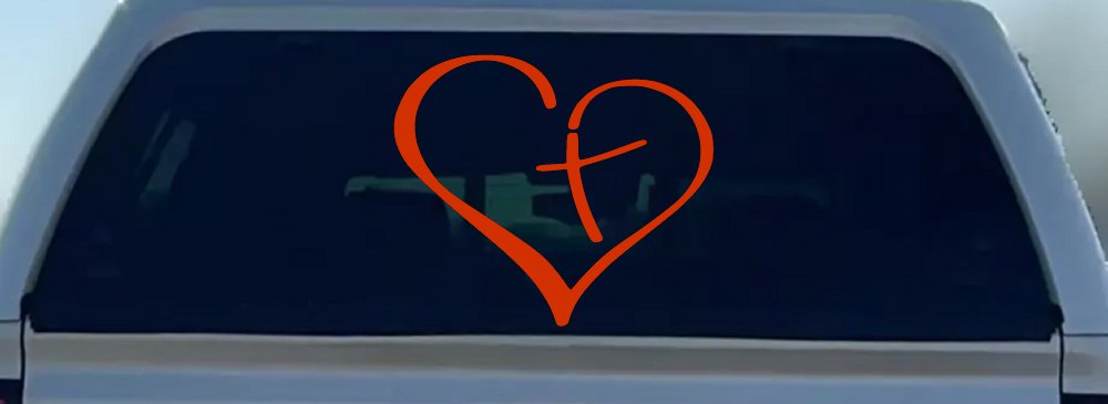 Heart with Cross Inside Christian Car or Truck Window Decal Sticker (Orange Red)