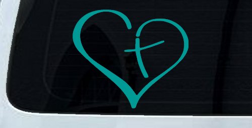 Heart with Cross Inside Christian Car or Truck Window Decal Sticker (Turquoise)