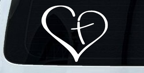 Heart with Cross Inside Christian Car or Truck Window Decal Sticker (White)