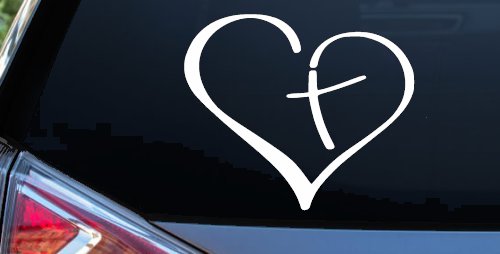 Heart with Cross Inside Christian Car or Truck Window Decal Sticker (White)