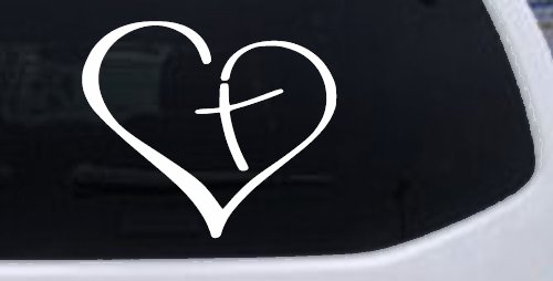 Heart with Cross Inside Christian Car or Truck Window Decal Sticker (White)