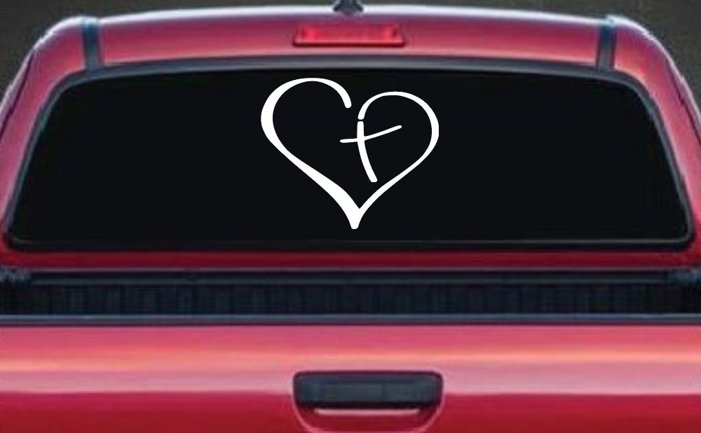 Heart with Cross Inside Christian Car or Truck Window Decal Sticker (White)