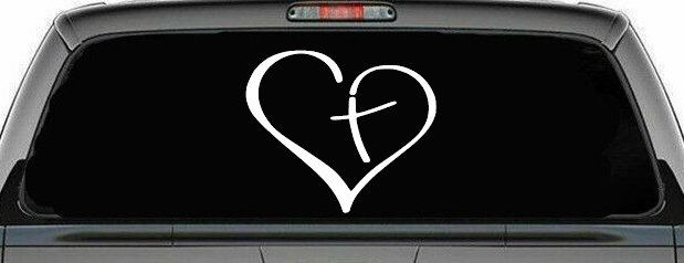 Heart with Cross Inside Christian Car or Truck Window Decal Sticker (White)