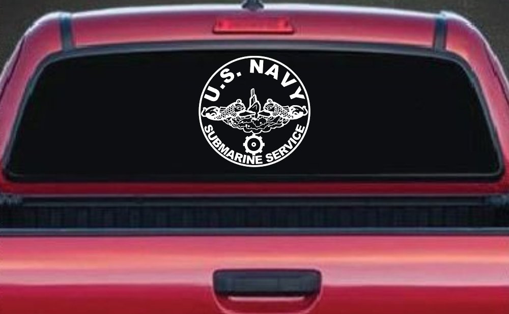 US Navy Submarine Service Dolphins with the Engineman Insignia symbol Military Car or Truck Window Decal Sticker (White)