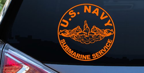 US Navy Submarine Service Dolphins In Circle Military Car or Truck Window Decal Sticker (Orange)