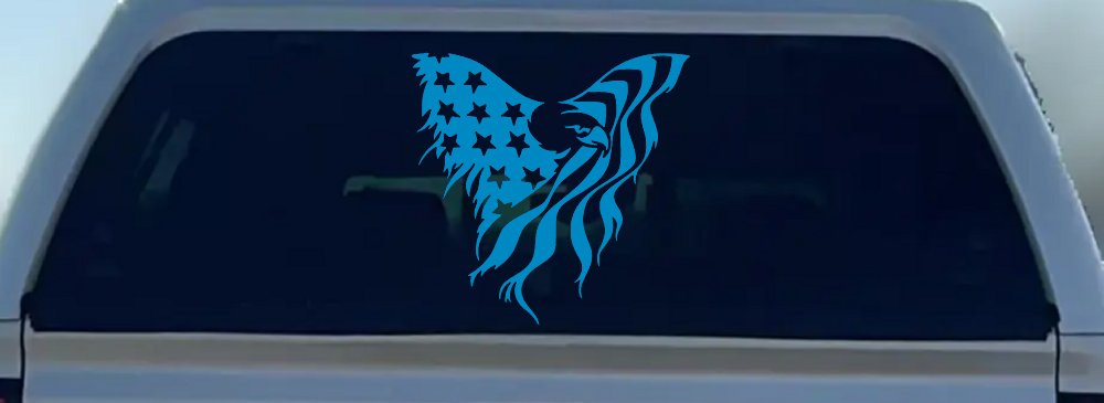 Tattered American Flag Draped Bald Eagle Patriotic Car or Truck Window Decal Sticker (Blue)