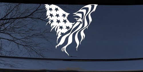 Tattered American Flag Draped Bald Eagle Patriotic Car or Truck Window Decal Sticker (White)