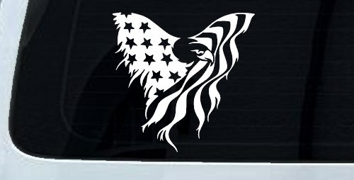 Tattered American Flag Draped Bald Eagle Patriotic Car or Truck Window Decal Sticker (White)