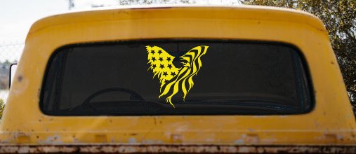 Tattered American Flag Draped Bald Eagle Patriotic Car or Truck Window Decal Sticker (Yellow)