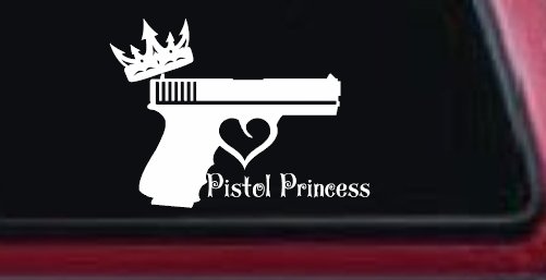 Pistol Princess with Crown and Gun for Women Girl Guns Car or Truck Window Vinyl Decal Sticker (White)