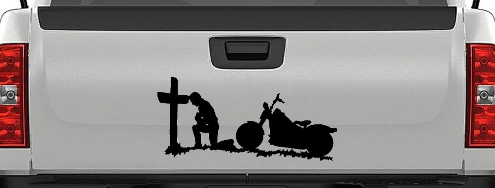 Christian Biker Kneeling at The Cross Car or Truck Window Decal Sticker