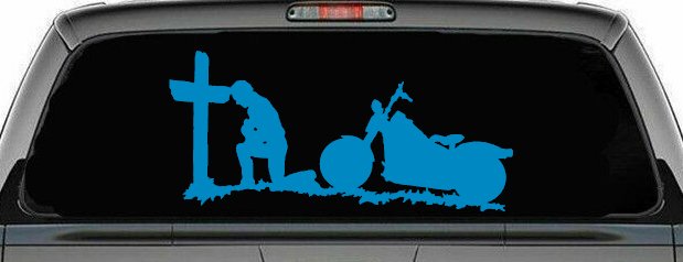 Christian Biker Kneeling at The Cross Car or Truck Window Decal Sticker