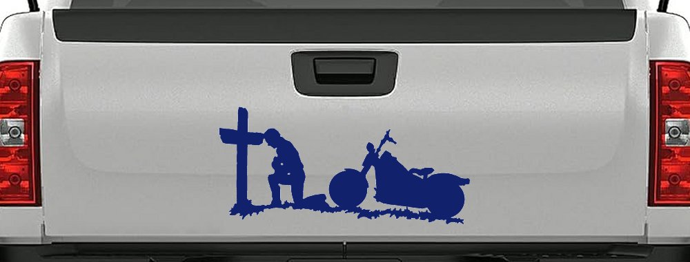 Christian Biker Kneeling at The Cross Car or Truck Window Vinyl Decal Sticker (Navy)