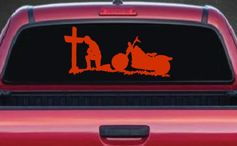 Christian Biker Kneeling at The Cross Car or Truck Window Decal Sticker (Orange Red)