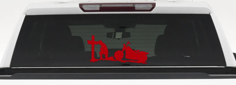 Christian Biker Kneeling at The Cross Car or Truck Window Decal Sticker