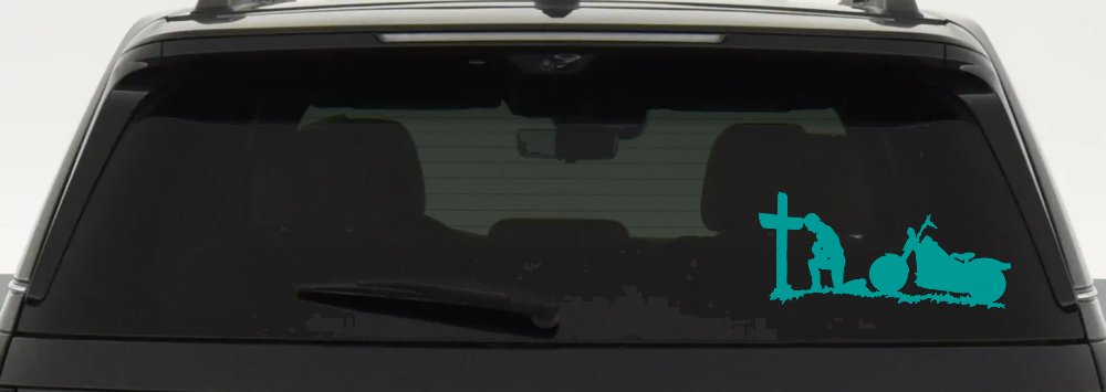 Christian Biker Kneeling at The Cross Car or Truck Window Decal Sticker (Turquoise)
