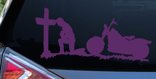 Christian Biker Kneeling at The Cross Car or Truck Window Decal Sticker (Violet)