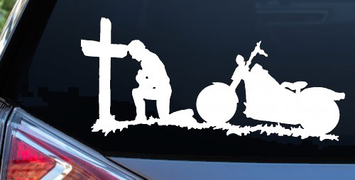 Christian Biker Kneeling at The Cross Car or Truck Window Decal Sticker