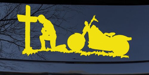 Christian Biker Kneeling at The Cross Car or Truck Window Decal Sticker