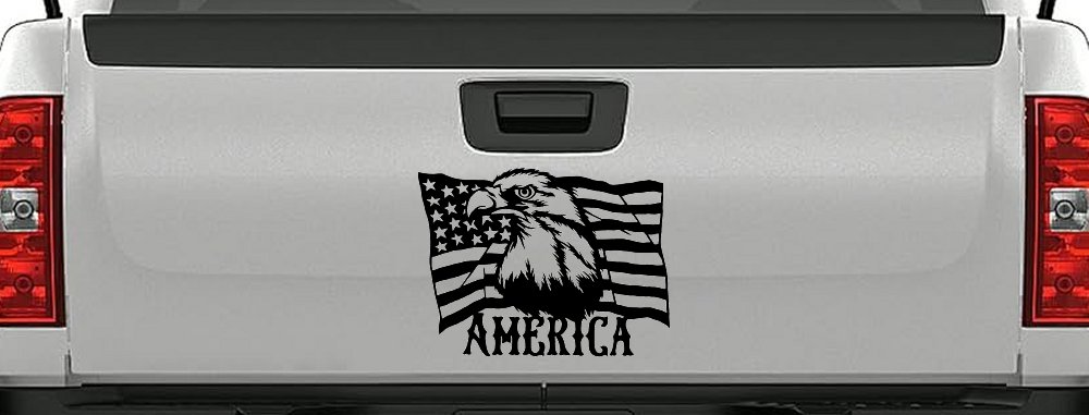 Bald Eagle Over The American Flag Patriotic Car or Truck Window Decal Sticker (Black)