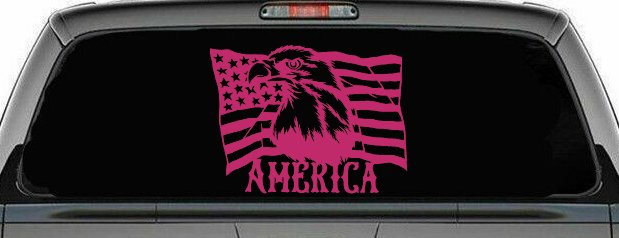 Bald Eagle Over The American Flag Patriotic Car or Truck Window Decal Sticker (Hot Pink)