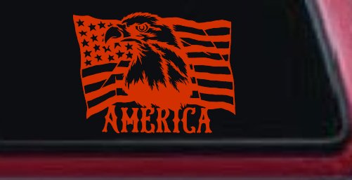 Bald Eagle Over The American Flag Patriotic Car or Truck Window Decal Sticker (Orange Red)