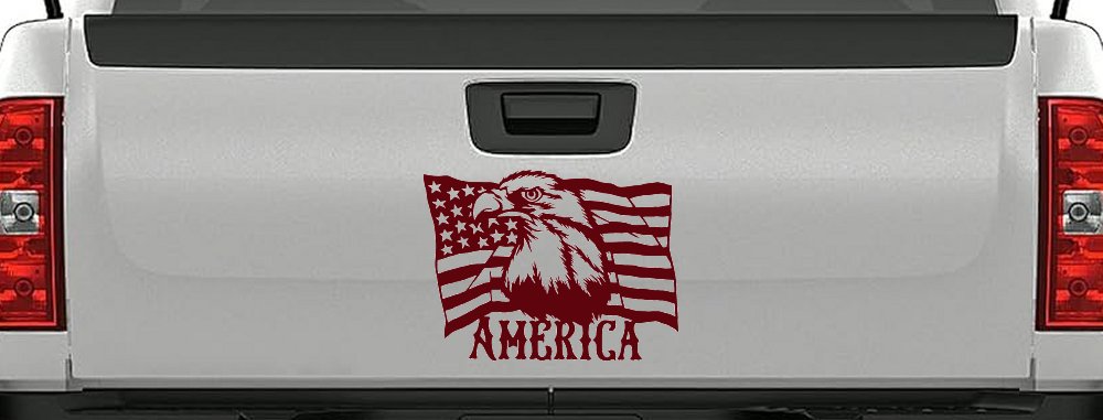 Bald Eagle Over The American Flag Patriotic Car or Truck Window Decal Sticker (Purple Red)