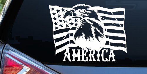 Bald Eagle Over The American Flag Patriotic Car or Truck Window Decal Sticker (White)
