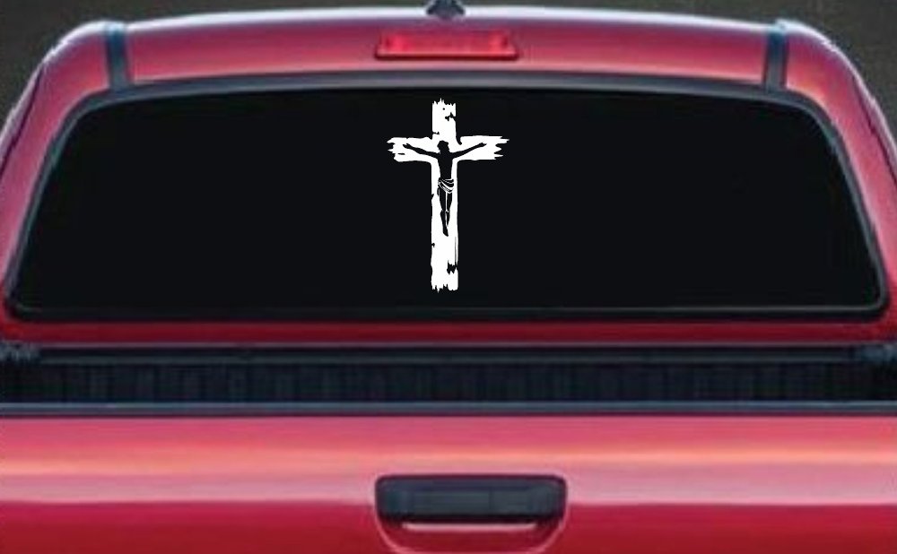 Jesus on the Cross Christian Car or Truck Window Decal Sticker (White)