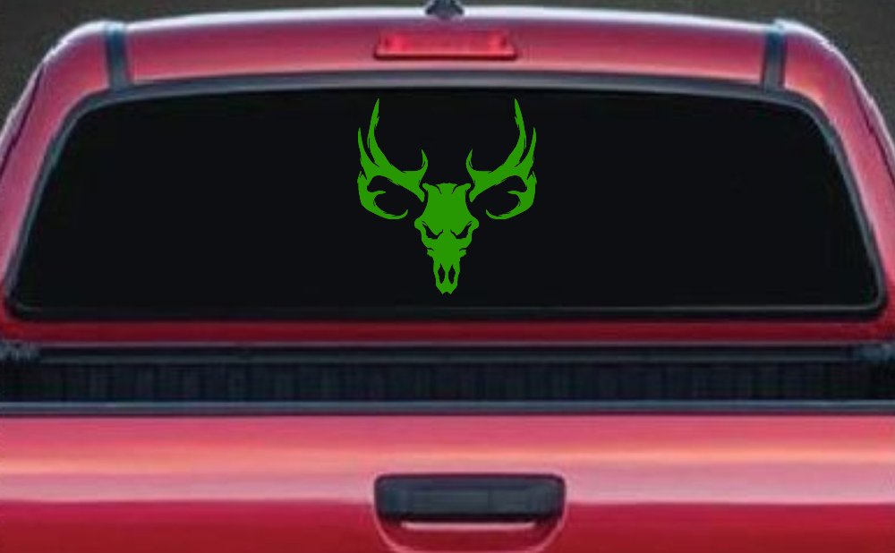 Tribal Buck Deer Skull with Huge Horns and Rack Hunting Car or Truck Window Decal Sticker (Lime)