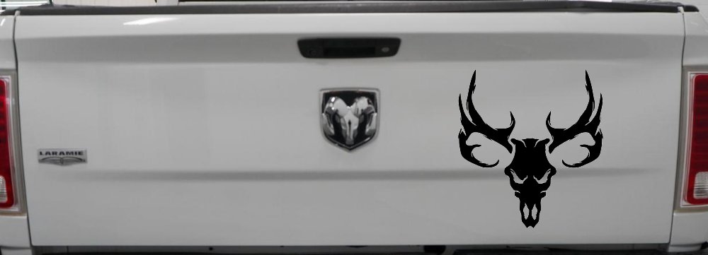 Tribal Buck Deer Skull with Huge Horns and Rack Hunting Car or Truck Window Decal Sticker (Matte Black)