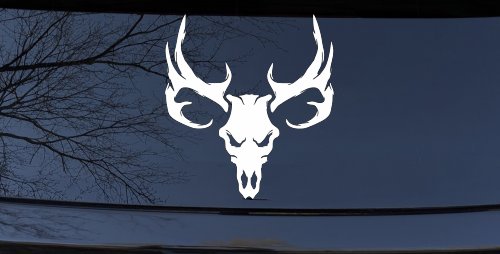 Tribal Buck Deer Skull with Huge Horns and Rack Hunting Car or Truck Window Decal Sticker (White)