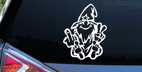 Wizard Shooting Bird and Giving Peace Sign Funny Car or Truck Window Vinyl Decal Sticker (White)