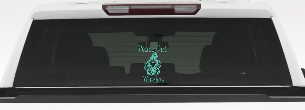 Peace Out Witches With Wizard Shooting Bird and Peace Sign Funny Car or Truck Window Decal Sticker (Mint)