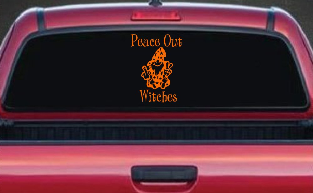 Peace Out Witches With Wizard Shooting Bird and Peace Sign Funny Car or Truck Window Vinyl Decal Sticker (Orange)