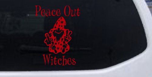 Peace Out Witches With Wizard Shooting Bird and Peace Sign Funny Car or Truck Window Vinyl Decal Sticker (Red)