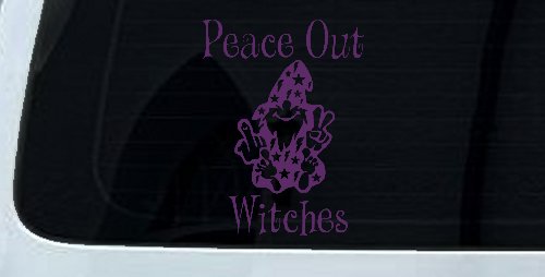 Peace Out Witches With Wizard Shooting Bird and Peace Sign Funny Car or Truck Window Vinyl Decal Sticker (Violet)