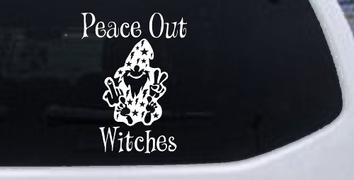 Peace Out Witches With Wizard Shooting Bird and Peace Sign Funny Car or Truck Window Decal Sticker (White)