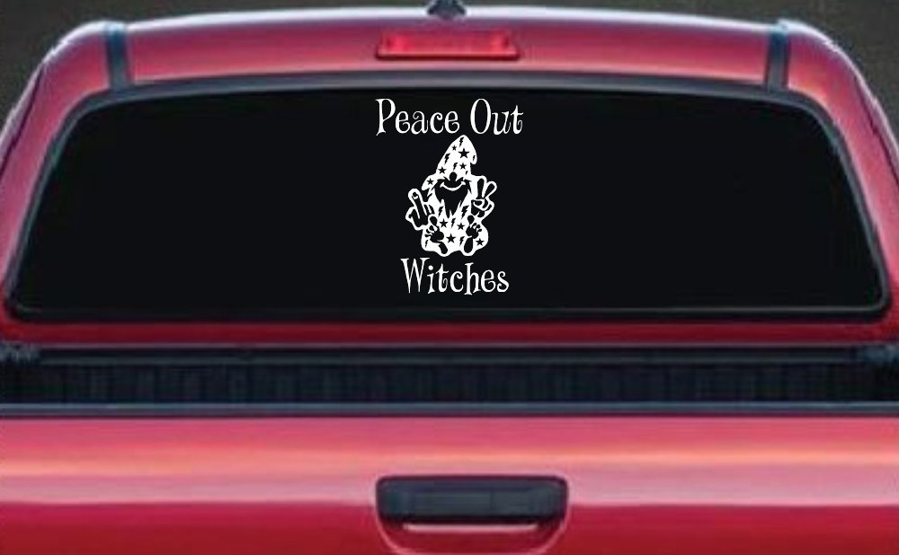 Peace Out Witches With Wizard Shooting Bird and Peace Sign Funny Car or Truck Window Decal Sticker (White)