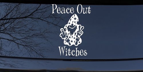 Peace Out Witches With Wizard Shooting Bird and Peace Sign Funny Car or Truck Window Decal Sticker
