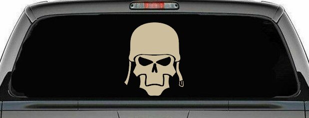 Skull with Helmet Biker Car or Truck Window Vinyl Decal Sticker (Desert Sand)