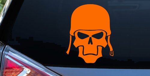 Skull with Helmet Biker Car or Truck Window Decal Sticker (Orange)