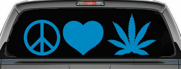 Peace Love and Marijuana Pot Cannabis Car or Truck Window Decal Sticker (Blue)