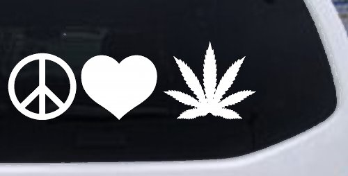 Peace Love and Marijuana Pot Cannabis Car or Truck Window Decal Sticker (White)