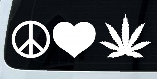 Peace Love and Marijuana Pot Cannabis Car or Truck Window Decal Sticker (White)
