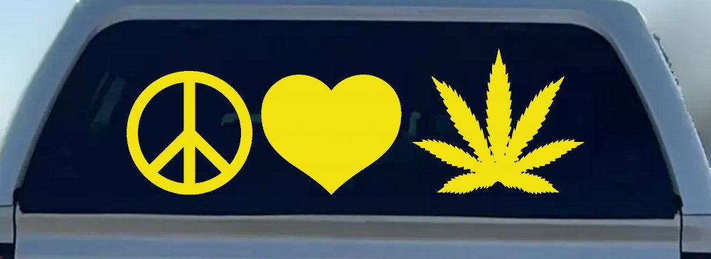 Peace Love and Marijuana Pot Cannabis Car or Truck Window Decal Sticker (Yellow)