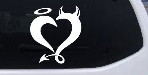 Heart Love Good and Evil Angel and Devil Car or Truck Window Decal Sticker (White)