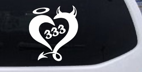 Heart 333 Half Evil Half Devil and Half Angel Car or Truck Window Vinyl Decal Sticker (White)