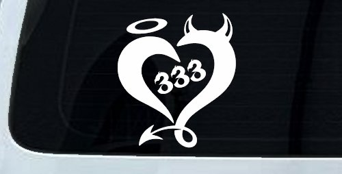 Heart 333 Half Evil Half Devil and Half Angel Car or Truck Window Vinyl Decal Sticker (White)