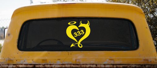 Heart 333 Half Evil Half Devil and Half Angel Car or Truck Window Decal Sticker (Yellow)